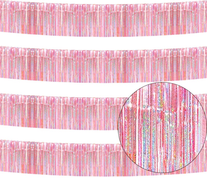 iiCheerful 4 Pack Iridescent Pink Total 40 Feet Foil Fringe Garland Metallic Tinsel Banner Wall Hanging Drapes Parade Float Skirting Decorations for Trailer Mardi Gras Party Birthday Wedding - Image 1