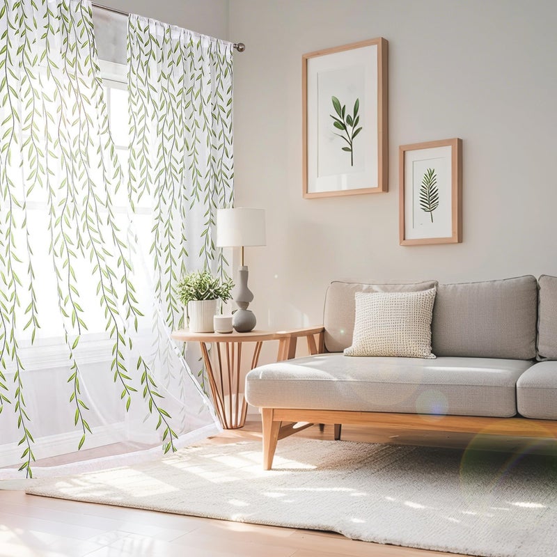 BROSHAN BROSHAN White and Green Sheer Curtains 84 inches Long Vine Leaf Patterned Curtains Window Curtain Sheers Printed Bedroom Curtains 2 Panel Sets Sheer Drapes for Living Room 