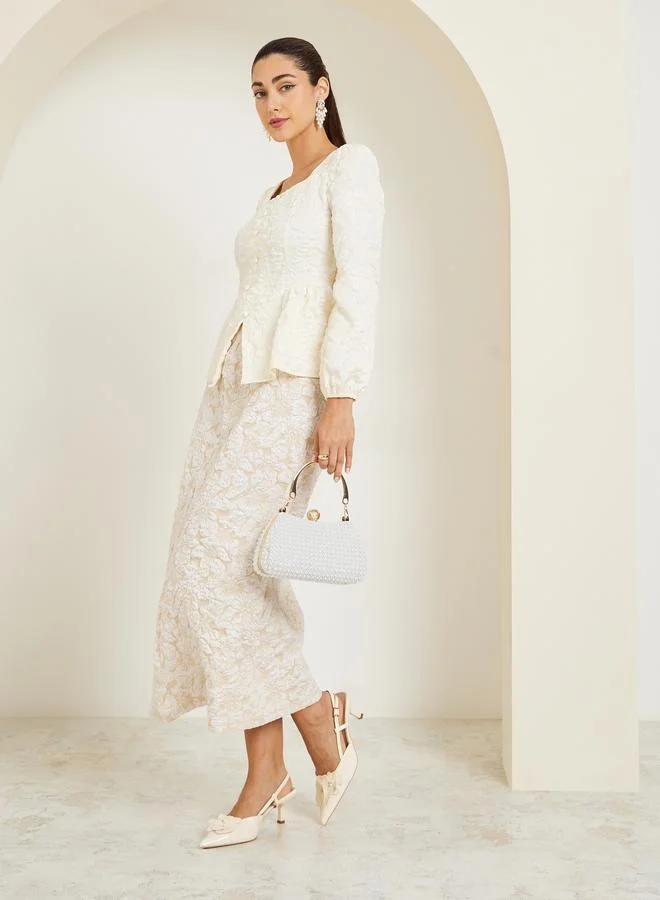 Styli Off-White Square Neck Jacquard Blouse