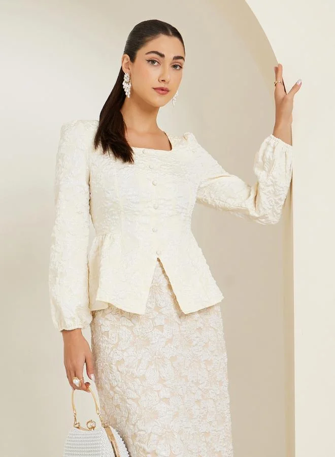 Styli Off-White Square Neck Jacquard Blouse
