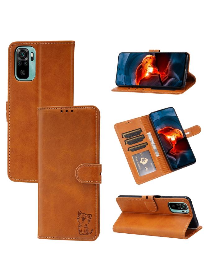 The Bros Case For Xiaomi Redmi Note 10 4G Embossed Happy Cat Pattern Horizontal Flip Leather Case with Holder & Card Slots & Wallet