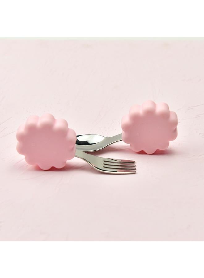 Hippo Baby Baby Learning To Eat Training Fork Spoon Short Handle Stainless Steel Tableware Children's Silicone Complementary Food Complementary Food Fork Spoon