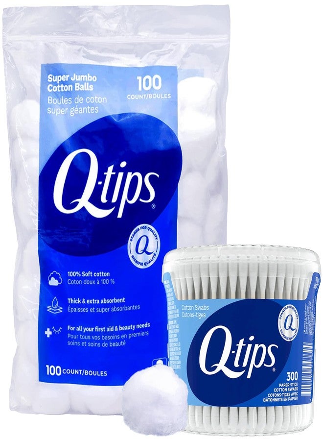 Q-tips Cotton Swabs 300 Ct Vanity Pack + Super Jumbo 100% Cotton Balls 100 Ct - Image 1