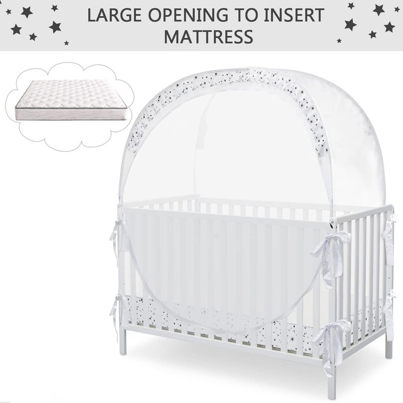L RUNNZER Baby Pop Up Crib Tent, Crib Net to Keep Baby from Climbing Out, Crib Canopy Cover Against Falling and Bites, Strong Frame & Soft Breathable Mesh, White+stars - Image 3