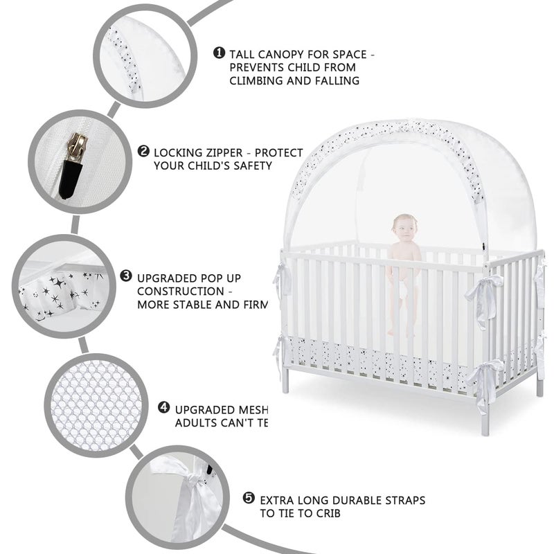 L RUNNZER Baby Pop Up Crib Tent, Crib Net to Keep Baby from Climbing Out, Crib Canopy Cover Against Falling and Bites, Strong Frame & Soft Breathable Mesh, White+stars - Image 4