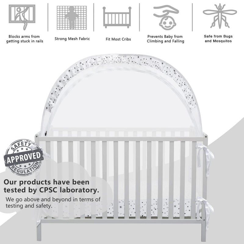 L RUNNZER Baby Pop Up Crib Tent, Crib Net to Keep Baby from Climbing Out, Crib Canopy Cover Against Falling and Bites, Strong Frame & Soft Breathable Mesh, White+stars - Image 2