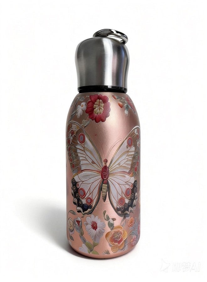 2heet Mini Stainless Steel Thermal Bottle 300ML Vacuum Insulated Water Bottle, Double Walled Hot & Cold Thermos Flask, Leakproof Portable Travel Mug for Gym Office Hiking – Butterfly Design - Image 1