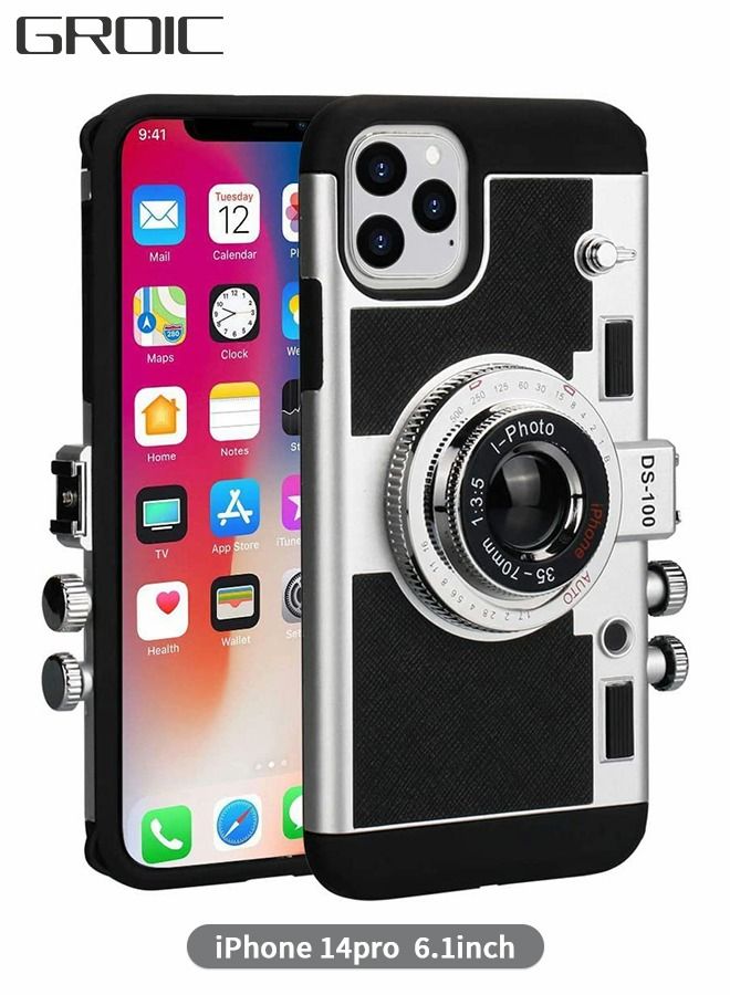 GROIC Phone Case Compatible with IPhone 14 Pro 6.1 Inch Camera Vintage Cover Cute 3D Cool Unique Design Silicone Removable Neck Strap for Girls Women Black - Image 1