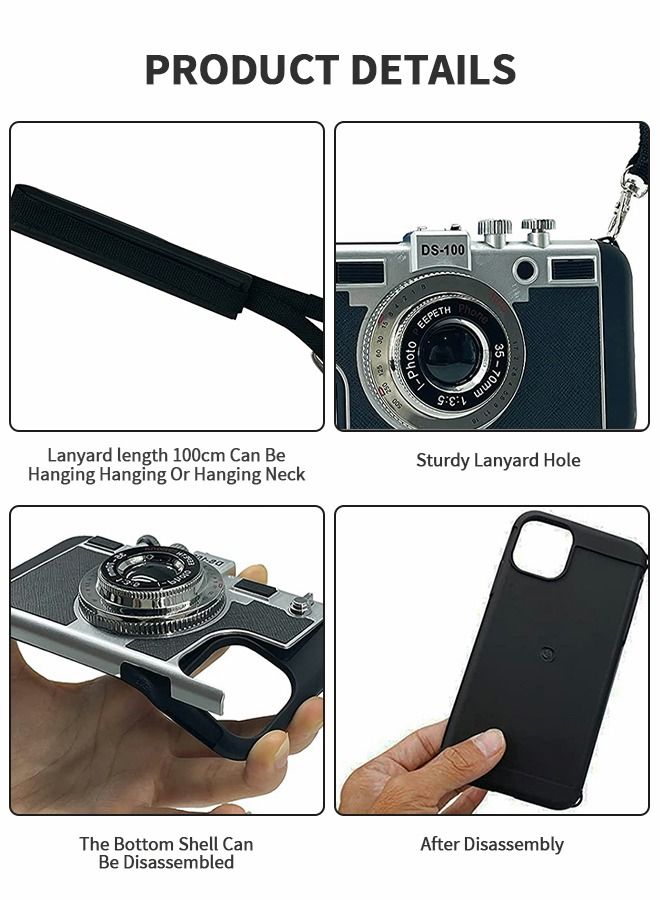 GROIC Phone Case Compatible with IPhone 14 Pro 6.1 Inch Camera Vintage Cover Cute 3D Cool Unique Design Silicone Removable Neck Strap for Girls Women Black - Image 3