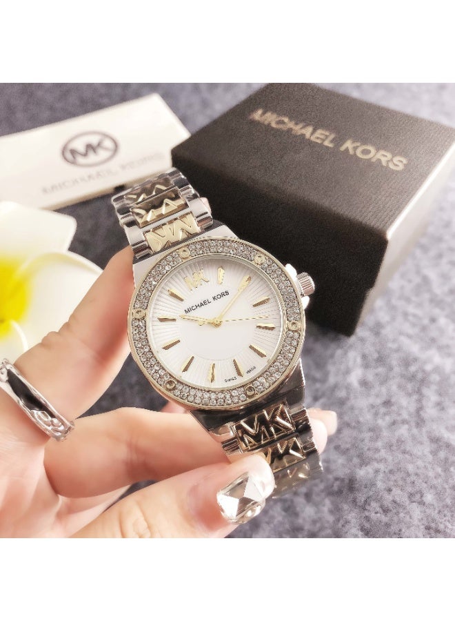ام كي Michael Kors Women's Two - Tone Watch with Crystal - Embellished Bezel and Logo - Detailed Bracelet