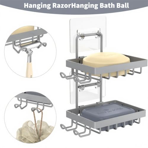 Moforoco Grey Double Soap Bar Holder for Shower, No Drilling, 304 Rustproof Stainless Steel, Wall Mounted Soap Holder with 4 Hooks and Razor Holder, Shower Rack Soap Tray Bar Soap for Bathroom - Image 3