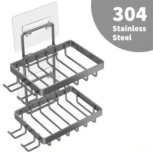 Moforoco Grey Double Soap Bar Holder for Shower, No Drilling, 304 Rustproof Stainless Steel, Wall Mounted Soap Holder with 4 Hooks and Razor Holder, Shower Rack Soap Tray Bar Soap for Bathroom - Image 2