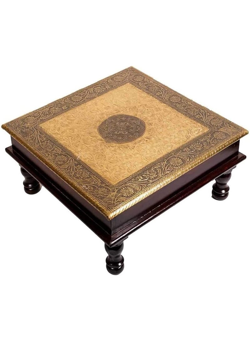QUESERA Lifestyle Wooden Brass Square Pooja Chowki Brass Puja Chowki Handcrafted Bajot Puja Stool Handmade Brass Chowki Wooden Handmade Bajot puja bajot  - Image 1