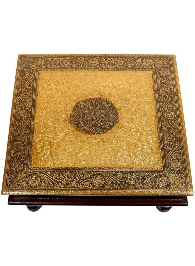 QUESERA Lifestyle Wooden Brass Square Pooja Chowki Brass Puja Chowki Handcrafted Bajot Puja Stool Handmade Brass Chowki Wooden Handmade Bajot puja bajot  - Image 2