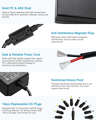 ALITOVE 12V 3A Power Supply DC 12 Volt AC Adapter 36W 2.5A 2A 1.5A 1A Replacment Power Cord Converter Transformer 4.92Ft with 10 Tips for LED Strip Light CCTV Security Camera Router PC Monitor - Image 5