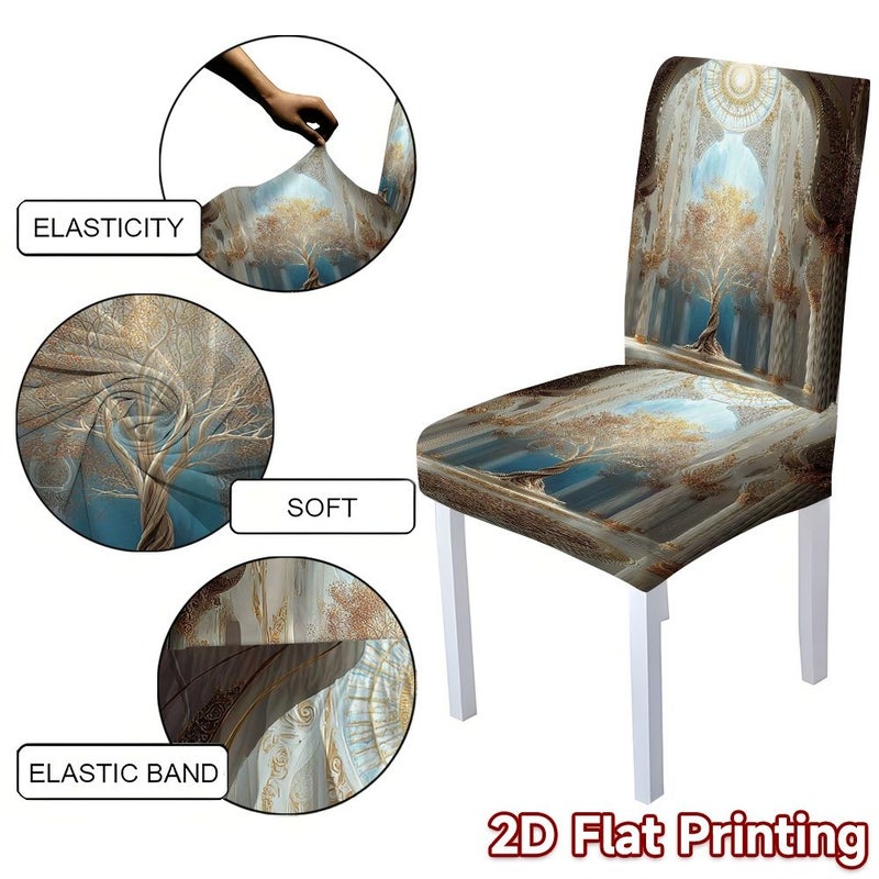 6 Pieces Polyester Digital Printed Golden Tree Table And Chair Cover Set For Dining Room Bedroom Balcony Family Gathering Office Decoration - Image 4
