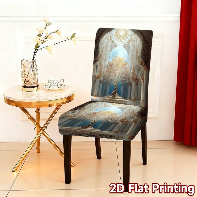 6 Pieces Polyester Digital Printed Golden Tree Table And Chair Cover Set For Dining Room Bedroom Balcony Family Gathering Office Decoration - Image 2
