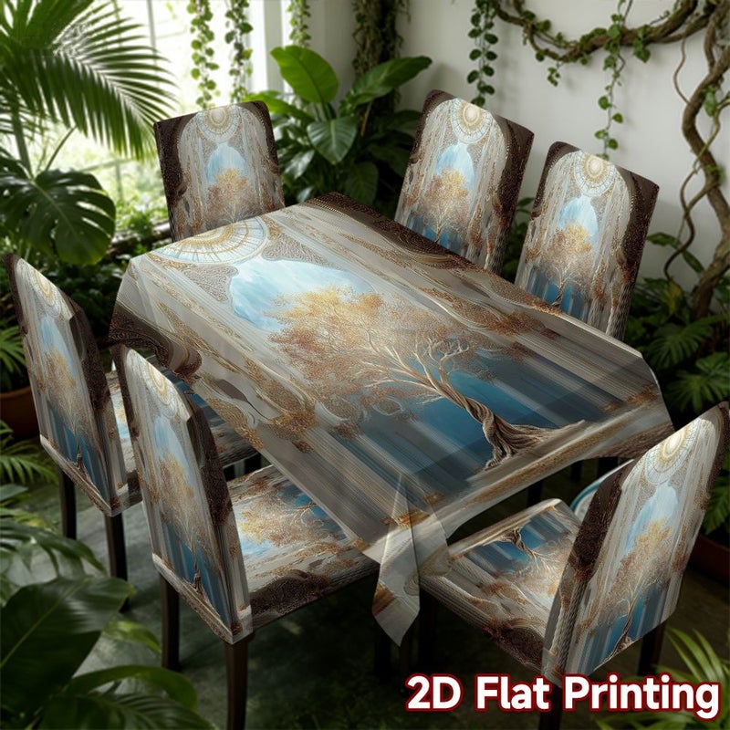 6 Pieces Polyester Digital Printed Golden Tree Table And Chair Cover Set For Dining Room Bedroom Balcony Family Gathering Office Decoration - Image 1