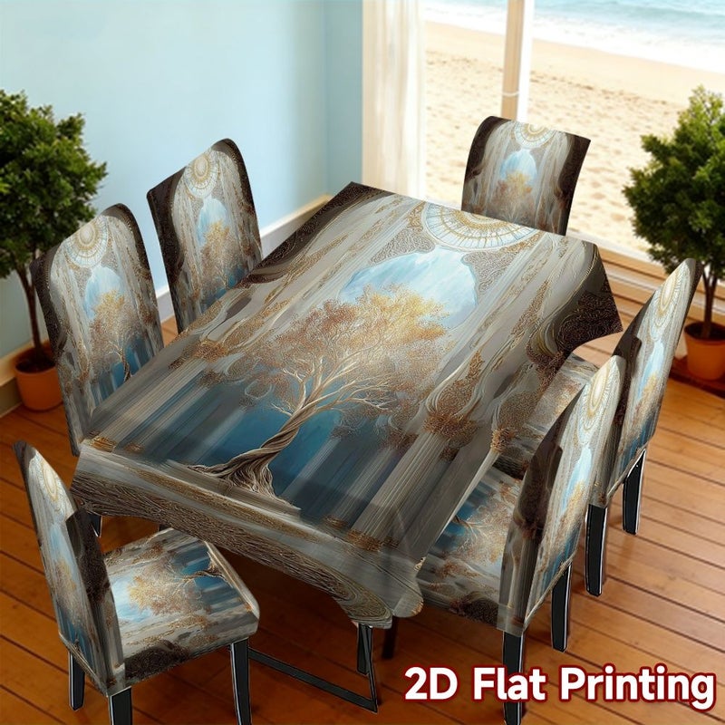 6 Pieces Polyester Digital Printed Golden Tree Table And Chair Cover Set For Dining Room Bedroom Balcony Family Gathering Office Decoration - Image 5