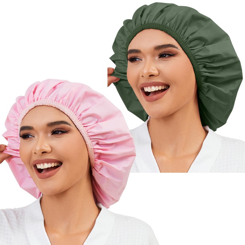 Selalu 2 Pack Shower Caps for Women, Reusable Waterproof Shower Cap with Elastic Band, Thickened Waterproof Fabric Shower Bonnet for Braids, Long Hair (Pink and Green) - Image 1