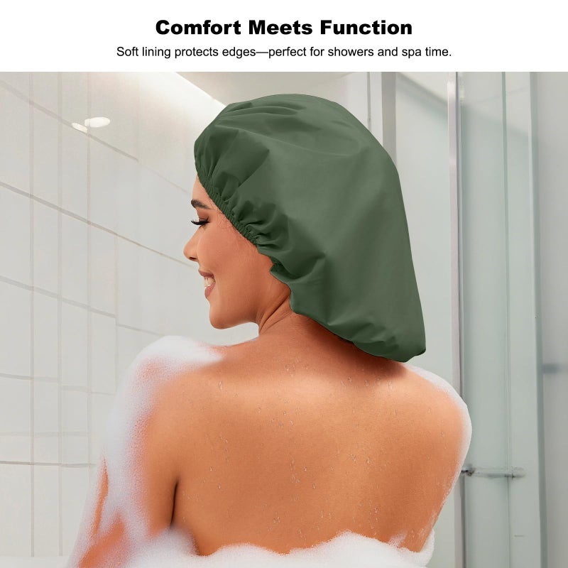 Selalu 2 Pack Shower Caps for Women, Reusable Waterproof Shower Cap with Elastic Band, Thickened Waterproof Fabric Shower Bonnet for Braids, Long Hair (Pink and Green) - Image 2