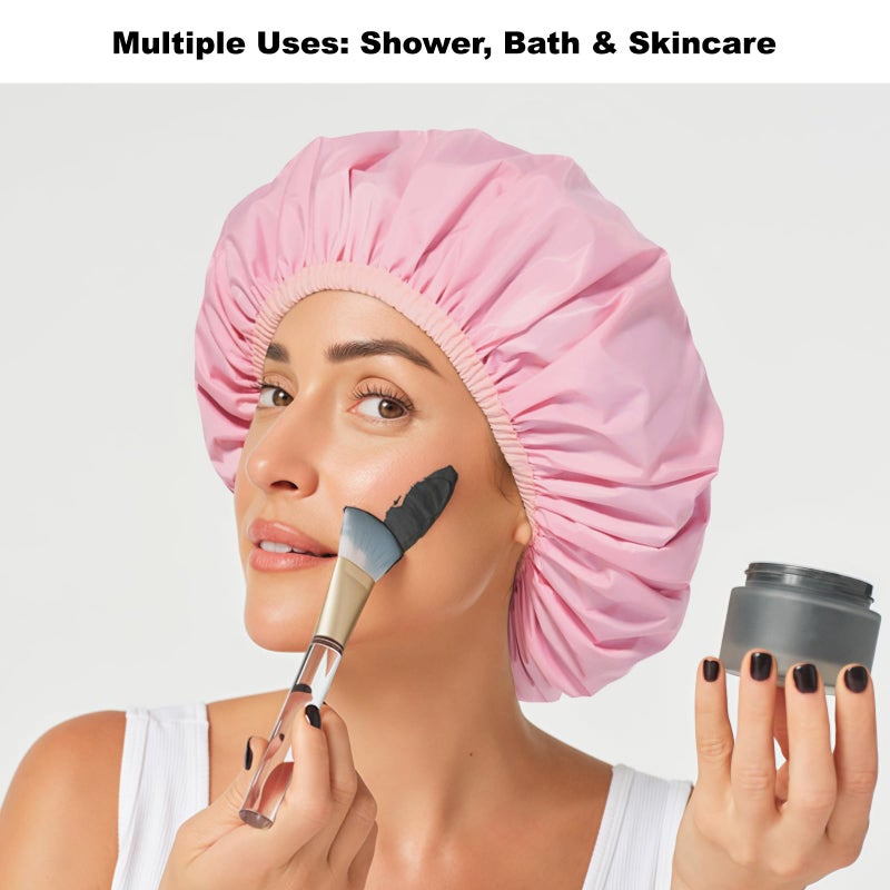 Selalu 2 Pack Shower Caps for Women, Reusable Waterproof Shower Cap with Elastic Band, Thickened Waterproof Fabric Shower Bonnet for Braids, Long Hair (Pink and Green) - Image 5