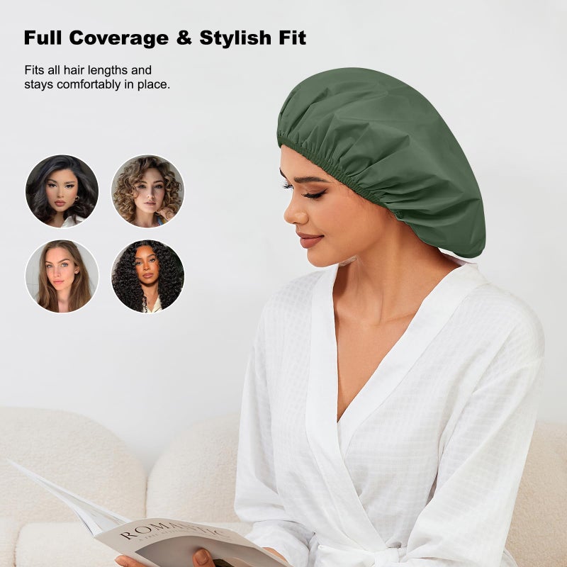 Selalu 2 Pack Shower Caps for Women, Reusable Waterproof Shower Cap with Elastic Band, Thickened Waterproof Fabric Shower Bonnet for Braids, Long Hair (Pink and Green) - Image 4