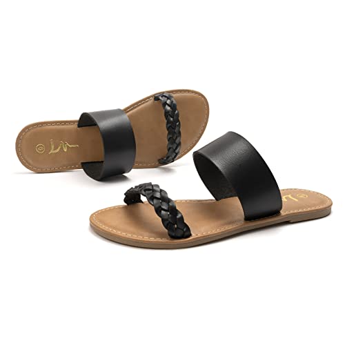 LM Women's Braided Slide Sandals Open Toe Two Strap Slip On Flat Sandals Casual Summer Shoes (8, Black) - Image 4