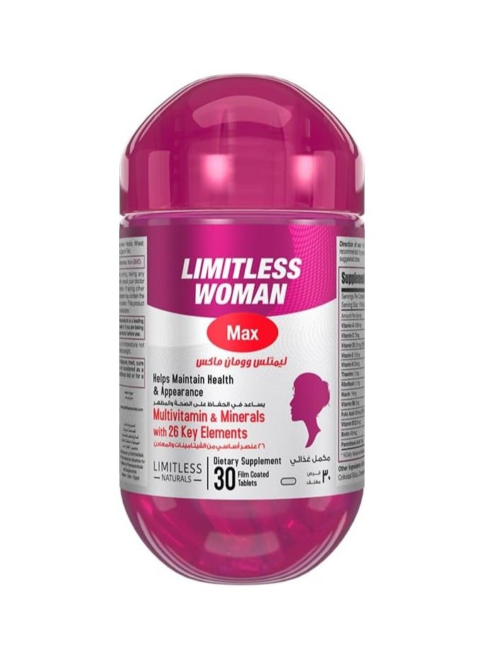 Limitless Woman Max – Women’s Multivitamins with 26 Essential Nutrients – Beauty, Energy & Immune Support – Includes Biotin, Iron & Vitamin C – 30 Tablets. - Image 1