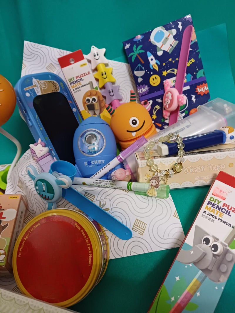 Generic Special Combo Gift Pack for Favourite Surprise -Eraser,Surprise Lamp,Washi,Spinning Band,Designing Highlighter,3 Lines Pen,Stylish pens,2Pencil Box,Color Markers,Sharpener (Pack of 12) for Boy v  - Image 2