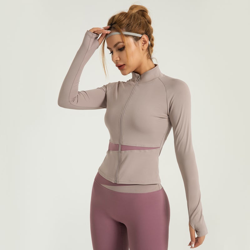 Color Block Peach Yoga Jacket High Neck Slim Breathable Crop Top Starshine Black - Image 4
