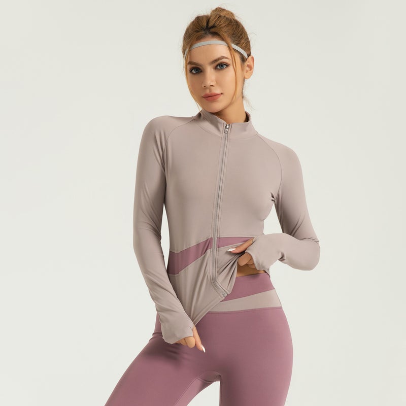 Color Block Peach Yoga Jacket High Neck Slim Breathable Crop Top Starshine Black - Image 3