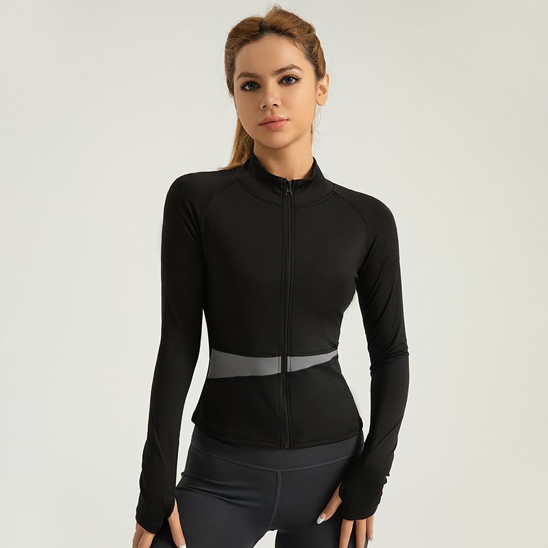 Color Block Peach Yoga Jacket High Neck Slim Breathable Crop Top Starshine Black - Image 1