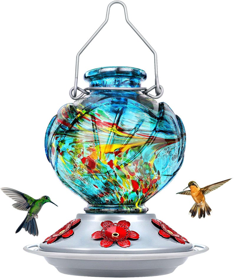 BOLITE Hummingbird Feeder, Hand Blown Glass Hummingbird Feeders for Outdoors Hanging, with Ant Moat and 5 Feeding Ports, 22 Ounces, Peony Flower Shape, Blue, Gifts for Women Men, Gifts for Mom Dad - Image 1