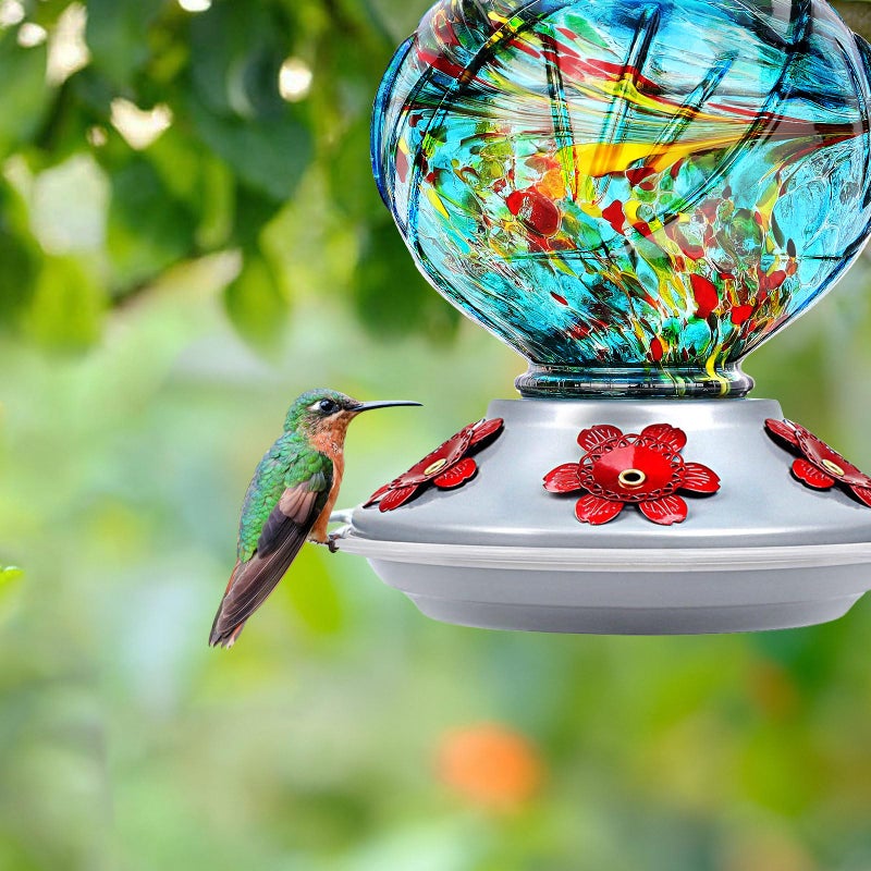 BOLITE Hummingbird Feeder, Hand Blown Glass Hummingbird Feeders for Outdoors Hanging, with Ant Moat and 5 Feeding Ports, 22 Ounces, Peony Flower Shape, Blue, Gifts for Women Men, Gifts for Mom Dad - Image 3