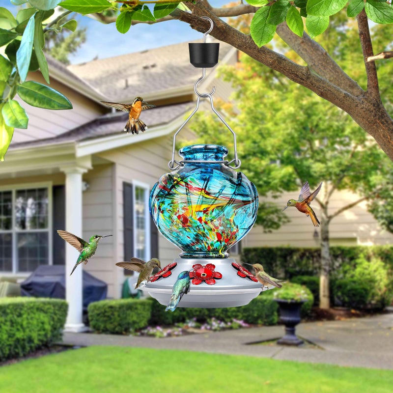 BOLITE Hummingbird Feeder, Hand Blown Glass Hummingbird Feeders for Outdoors Hanging, with Ant Moat and 5 Feeding Ports, 22 Ounces, Peony Flower Shape, Blue, Gifts for Women Men, Gifts for Mom Dad - Image 2