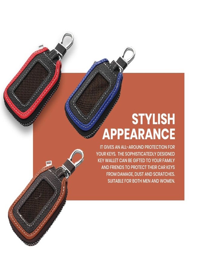 keyzone Unisex Mens Womens Premium Mesh Pattern Leather Car Key Holder pouch Bag Keychain Case Wallet with Zipper Closure (Blue) - Image 3