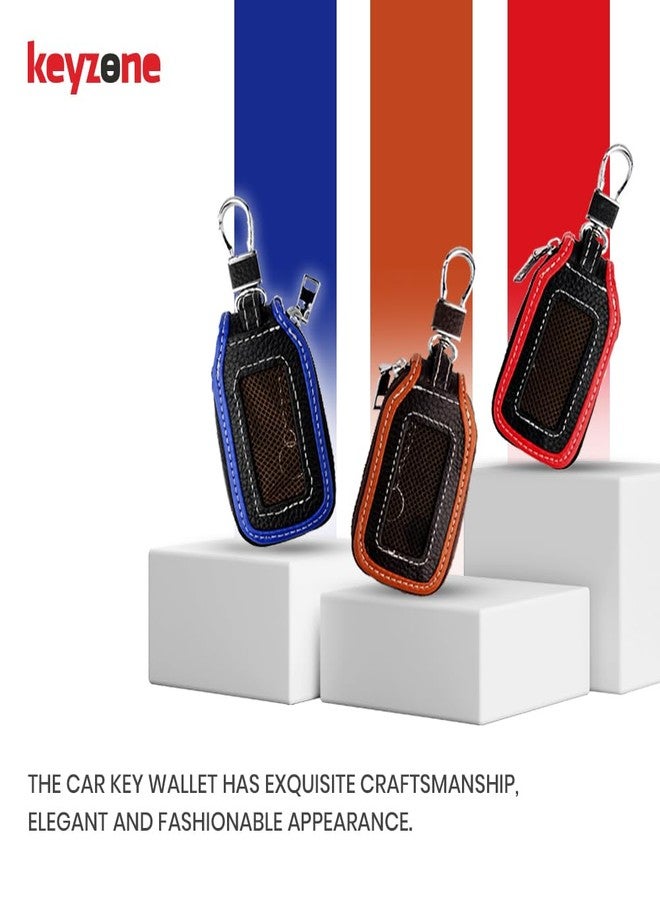 keyzone Unisex Mens Womens Premium Mesh Pattern Leather Car Key Holder pouch Bag Keychain Case Wallet with Zipper Closure (Blue) - Image 2