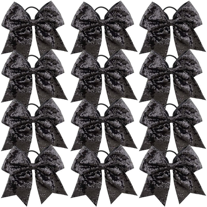12 Pieces 8 Inch Black Cheer Bows Glitter Jumbo Cheerleading Bow with Elastic Ponytail Holder Bow Hair Tie Band Hair Accessories for School Girls Toddlers