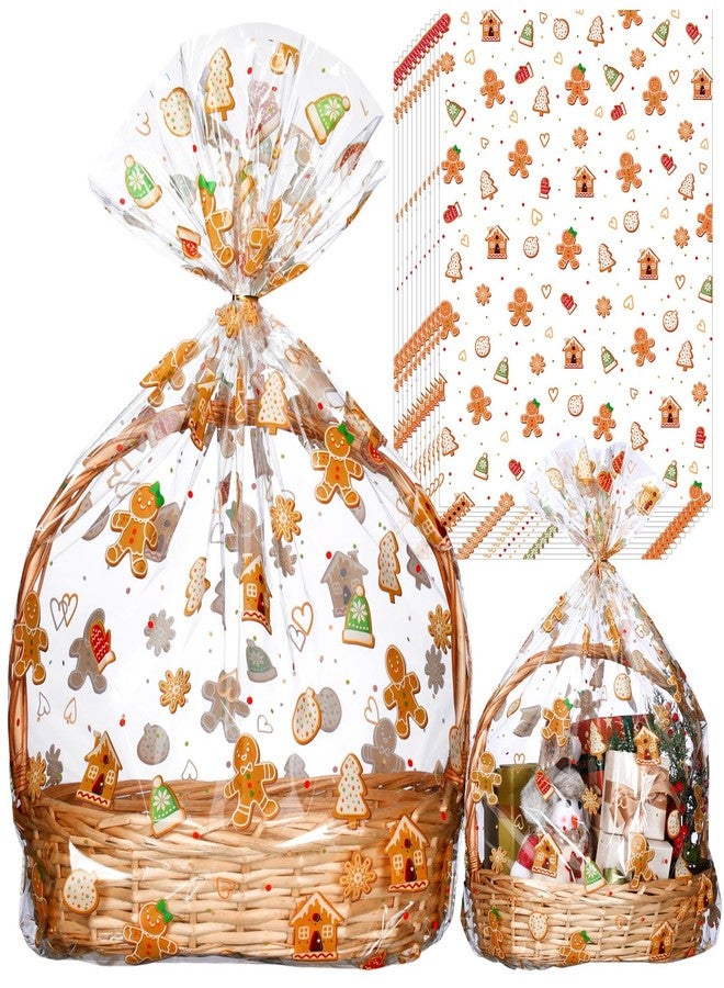 Yexiya 30 Pcs Christmas Cellophane Gift Bags 24" x 30" Holiday Gift Wrap Large Clear Basket Wrapping Plastic Christmas Candy Gingerbread Santa Claus Basket Bags Cookie Package(Gingerbread Man - Image 1