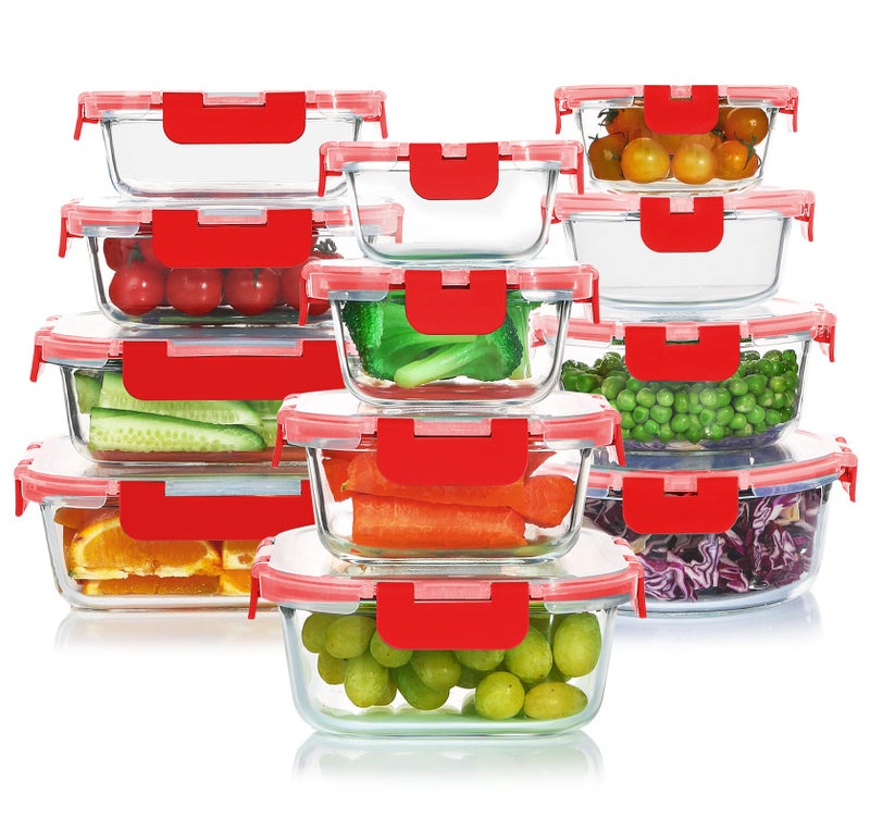 KOMUEE 24 Pieces Glass Food Storage Containers Set, Meal Prep Containers, BPA-Free Airtight Glass Storage Containers with lids, Freezer, Microwave and Oven Safe, Red - Image 1