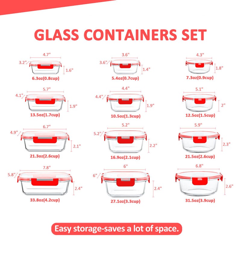 KOMUEE 24 Pieces Glass Food Storage Containers Set, Meal Prep Containers, BPA-Free Airtight Glass Storage Containers with lids, Freezer, Microwave and Oven Safe, Red - Image 2