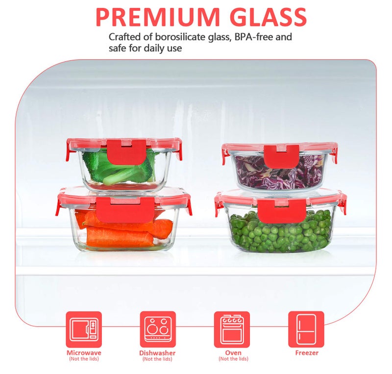 KOMUEE 24 Pieces Glass Food Storage Containers Set, Meal Prep Containers, BPA-Free Airtight Glass Storage Containers with lids, Freezer, Microwave and Oven Safe, Red - Image 3