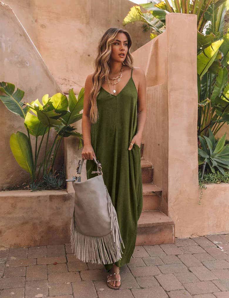 Poetsky Womens Sleeveless Long Spaghetti Strap Casual Dress Loose Maxi Dresses with Pockets (XXL, Army Green) - Image 5