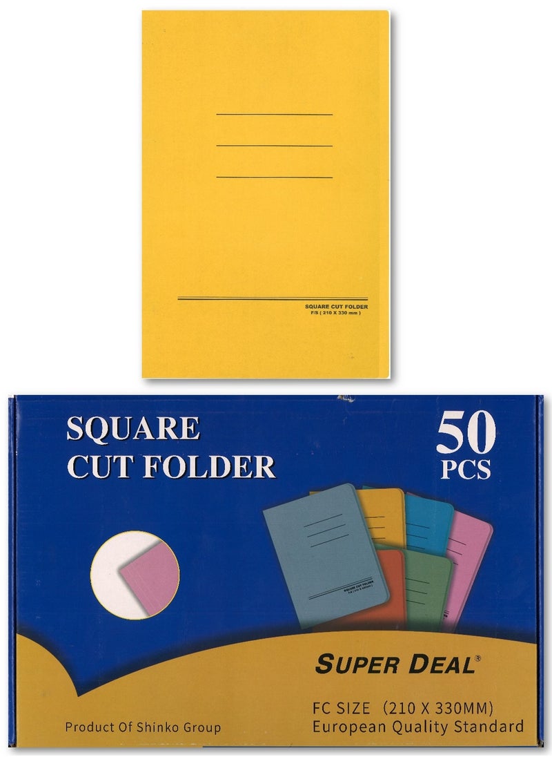 SUPER DEAL 50-Piece Foolscap Size Square Cut Folder Without Fastener Yellow  - Image 1