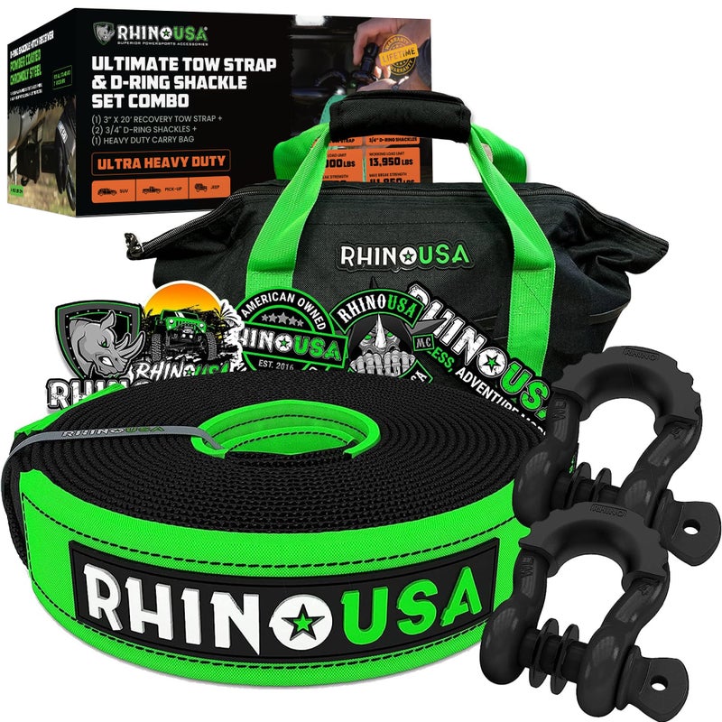 Rhino USA Heavy-Duty Recovery Gear Combos Off-Road Truck Vehicle Recovery, Best Offroad Towing Accessories - Backed for Life (20' Strap + Shackles) - Image 1