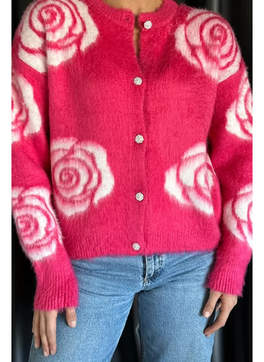 Gülseli Women's Rose Patterned Buttoned Knitwear Cardigan