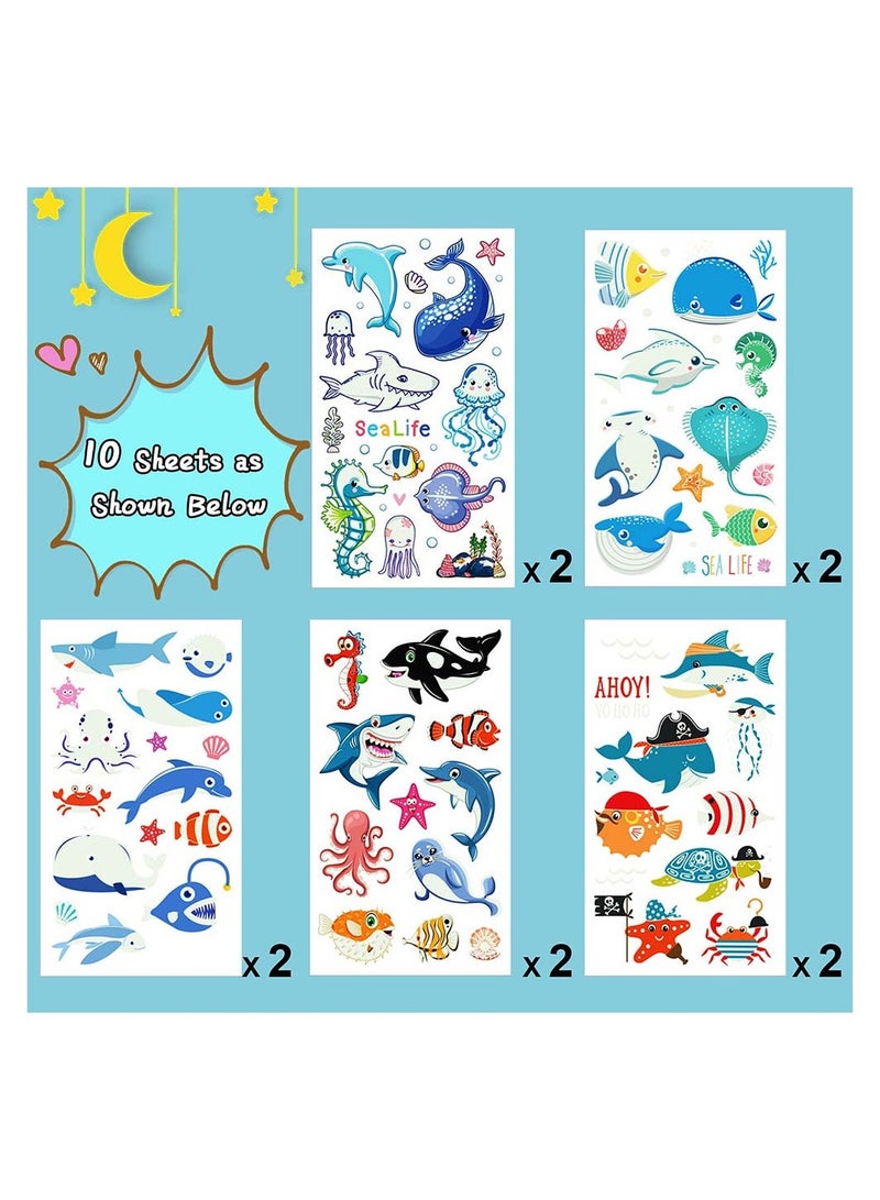 Luminous Shark Temporary Tattoos Glow Birthday Decorations Party Favors Supplies for Boys and Girls Ocean Under the Sea Fake Tattoo Stickers Gifts Kids 10 Pcs