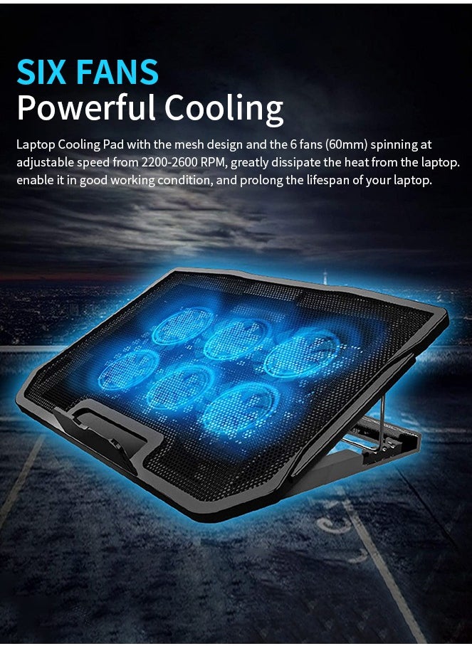 Snooe Laptop Cooling Pad, Laptop Cooler Stand with 6 Quiet Cooling Fans and 6 Height Adjustable Dual USB Powered Gaming Laptop Cooling Stand for 12-17 Inch Laptop Computer  - Image 2