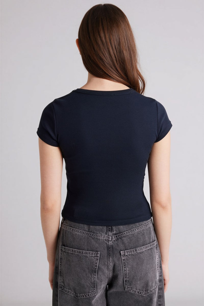 DeFacto Blue Woman Fitted Crew Neck Ribbed T-Shirt Casual - Image 5